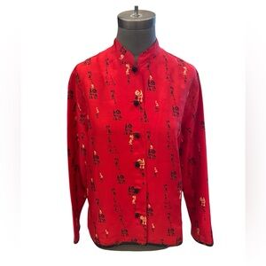 Vintage Chico’s 100% Silk Mandarin Collar Jacket Blouse Red Frog Button SZ 1 (M)